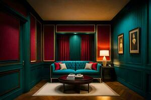 the room has a blue couch and red walls. AI-Generated photo