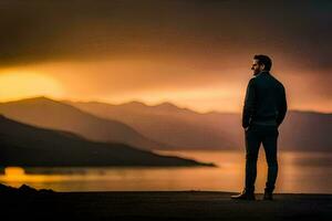 un hombre en pie en un la carretera mirando a el puesta de sol. generado por ai foto