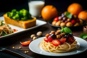 spaghetti with fruit and nuts on a table. AI-Generated photo