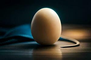 un blanco huevo sentado en un de madera mesa. generado por ai foto