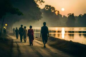 people walking along a road at sunset. AI-Generated photo