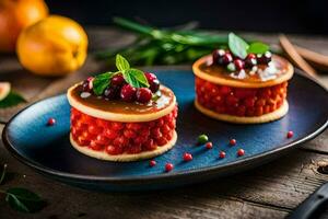 two small desserts on a plate with oranges and spices. AI-Generated photo