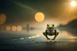 a frog is standing on the ground at sunset. AI-Generated photo