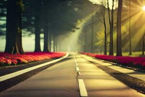 un la carretera con flores en el medio de él. generado por ai foto