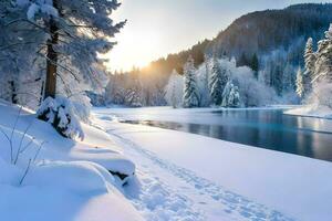 winter landscape with snow covered trees and river. AI-Generated photo