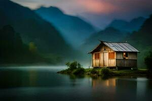 un pequeño cabina se sienta en el borde de un lago a oscuridad. generado por ai foto