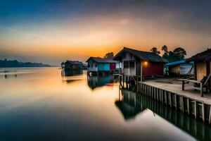 a beautiful sunset over a lake with wooden houses. AI-Generated photo