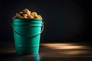 a bucket filled with peanuts on a table. AI-Generated photo