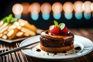 a dessert with strawberries and chocolate on a plate. AI-Generated photo
