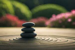 zen piedras en un circular mesa en un jardín. generado por ai foto