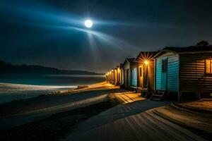 un fila de playa chozas a noche con el Luna brillante. generado por ai foto