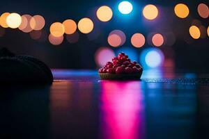 a small cup of berries on a table in front of a blurred background. AI-Generated photo