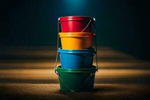 a stack of three colorful buckets on a wooden floor. AI-Generated photo