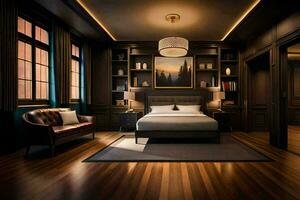 a bedroom with dark wood floors and a bed. AI-Generated photo