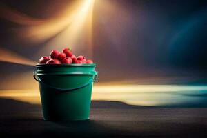 a bucket full of strawberries on a table. AI-Generated photo