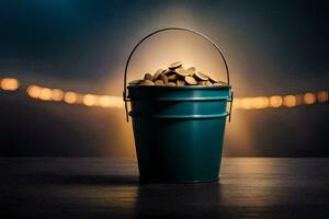 a bucket filled with coins on a table. AI-Generated photo