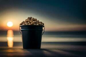 a bucket of peanuts on the beach at sunset. AI-Generated photo