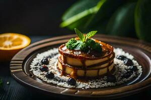 a plate with a dessert on it. AI-Generated photo