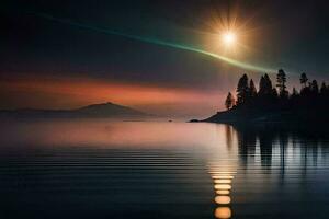 the moon shines brightly over a lake and trees. AI-Generated photo