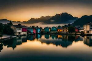 a lake and houses in the mountains at sunset. AI-Generated photo