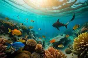 underwater scene with coral reef and fish. AI-Generated photo