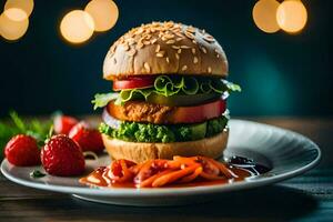 a hamburger with vegetables and sauce on a plate. AI-Generated photo