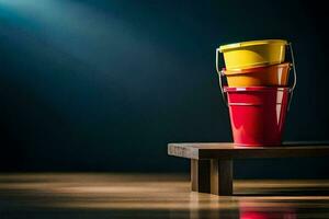 three colorful buckets on a wooden table. AI-Generated photo