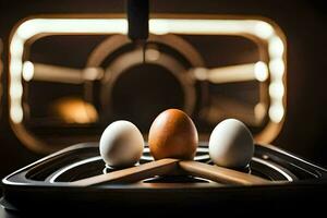 three eggs are in a pan with a light shining on them. AI-Generated photo