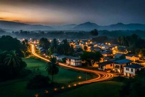 un pueblo a oscuridad con luces en el la carretera. generado por ai foto