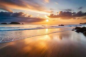 sunset on the beach with waves and clouds. AI-Generated photo