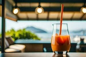 un vaso de naranja jugo en un mesa. generado por ai foto