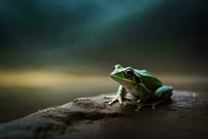 a frog sitting on a rock in front of a dark background. AI-Generated photo