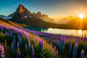 the sun rises over the mountains and the lupine flowers. AI-Generated photo