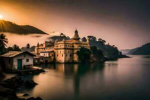 a beautiful sunset over a lake with a castle in the background. AI-Generated photo