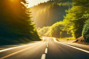 a road with trees and sun shining on it. AI-Generated photo