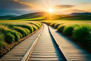 the sun rises over the railroad tracks in the middle of a field. AI-Generated photo