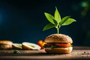 a hamburger with a plant growing out of it. AI-Generated photo