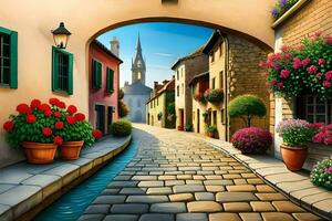 a painting of a street with flowers and a bridge. AI-Generated photo