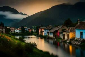 photo wallpaper the sky, mountains, river, houses, village, sunset, the village, the. AI-Generated