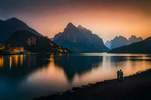 el Pareja es en pie en el apuntalar de el lago. generado por ai foto