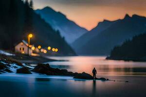 un hombre soportes en el apuntalar de un lago a puesta de sol. generado por ai foto