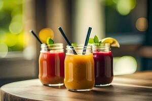 three different types of smoothies in glass jars. AI-Generated photo