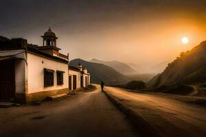 a man walks down a road in the mountains at sunset. AI-Generated photo