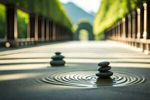 a stone is sitting on the ground next to a fountain. AI-Generated photo