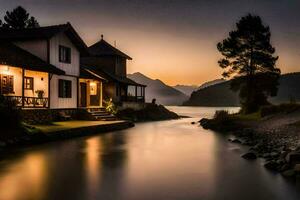 a house sits on the side of a river at sunset. AI-Generated photo