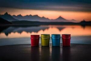four colorful cups sit on a table in front of a lake. AI-Generated photo