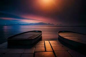 two boats sit on the dock at sunset. AI-Generated photo