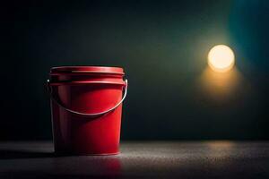 un rojo Cubeta sentado en un mesa en frente de un brillante ligero. generado por ai foto