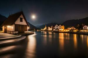 un de luna noche escena con casas a lo largo el agua. generado por ai foto