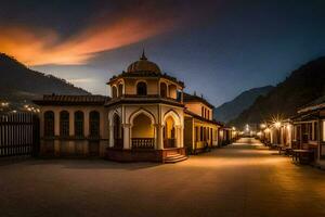 a small building in the middle of a road at night. AI-Generated photo